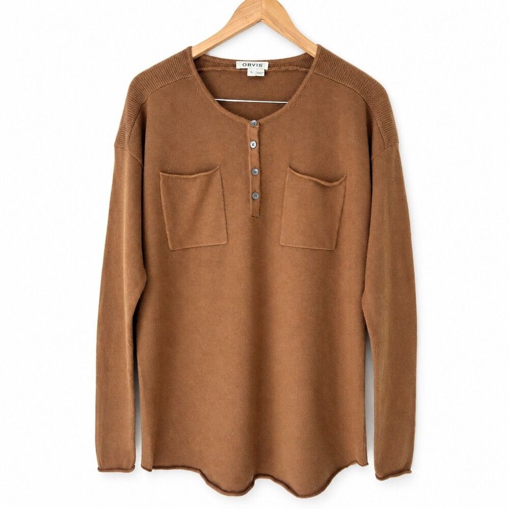 Orvis 100% Cashmere Henley Sweater Womens L Brown Chest Pockets Quiet Luxury